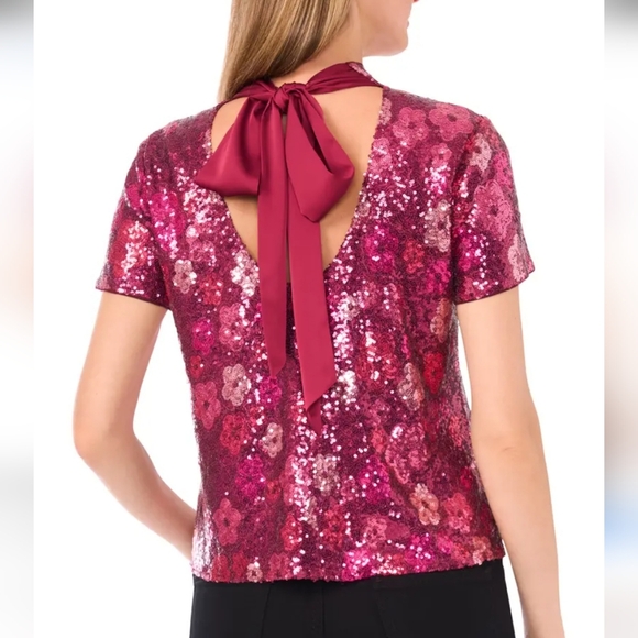 CeCe NWT Mock Neck Sequin Floral Tie Scoop Back Top  M Party Evening Glamoratti - Picture 3 of 9